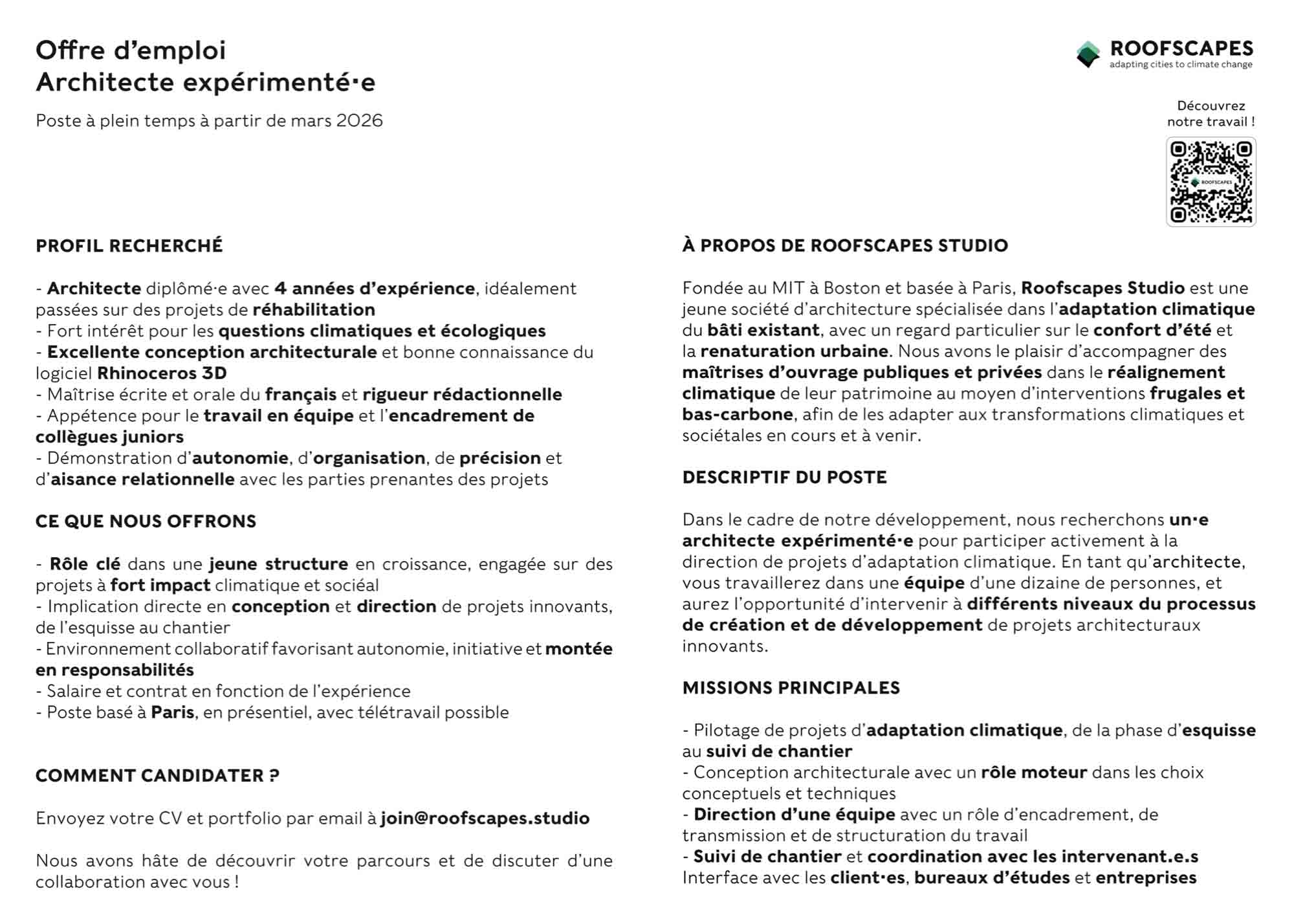 Roofscapes opens another full-time position in its projects' team.