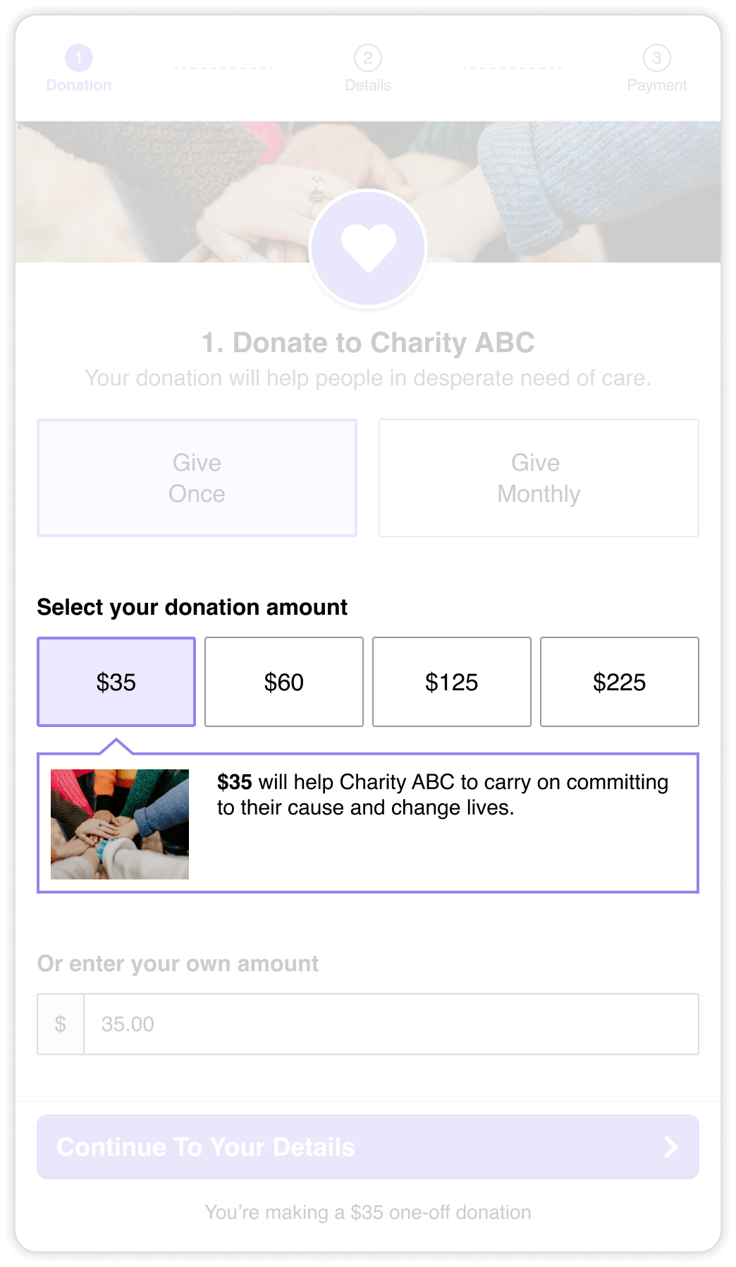 Donation form for Charity ABC with options to give once or monthly and preset amounts of $35, $60, $125, and $225, showing $35 selected.