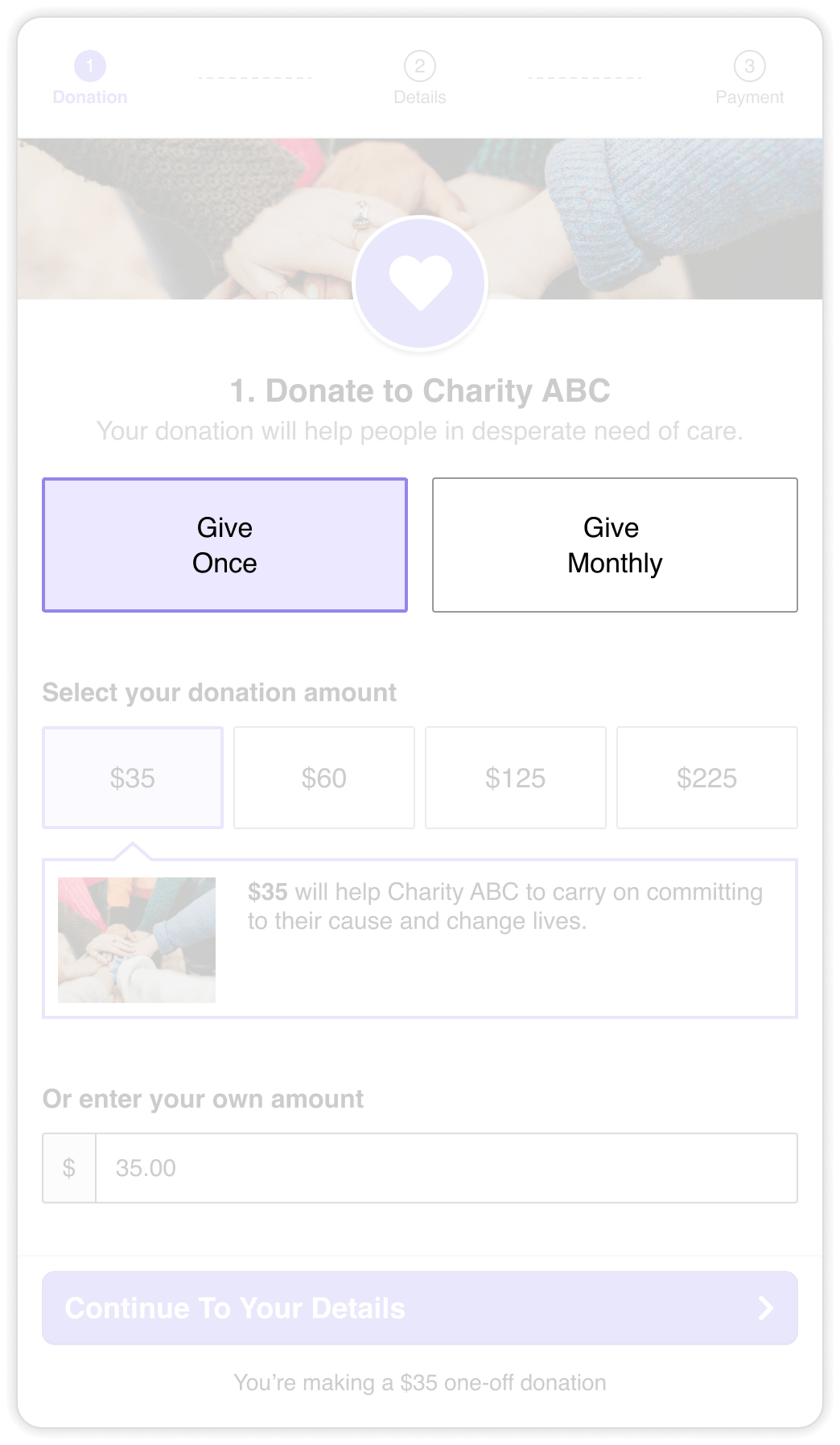 Donation form for Charity ABC with options to give once or monthly, preset donation amounts from $35 to $225, and a field to enter a custom amount.