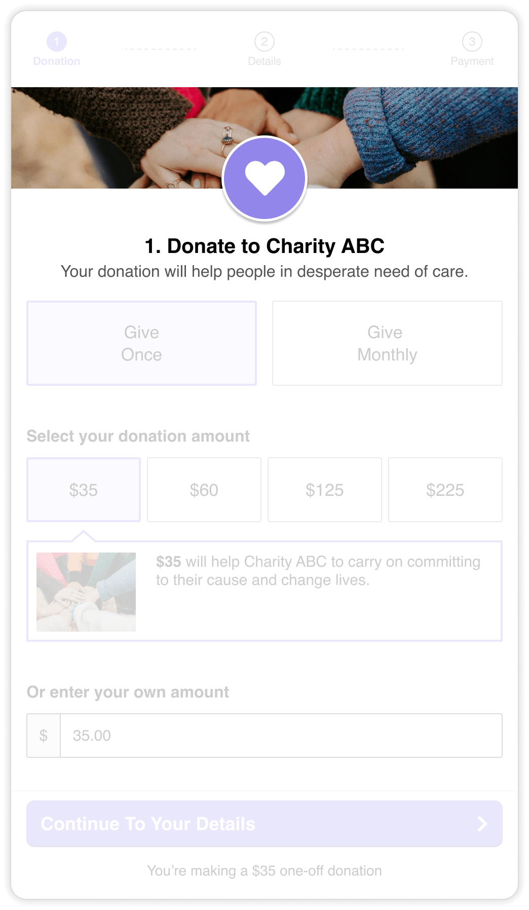 Donation form for Charity ABC with options to give once or monthly, preset amounts of $35, $60, $125, $225, and a custom amount input.
