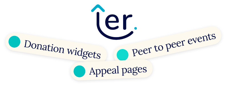 Graphic with the word 'er' and three labels connected below: Donation widgets, Peer to peer events, and Appeal pages.