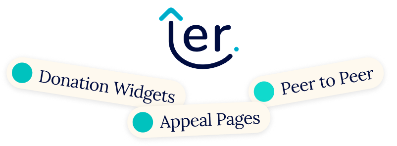 Graphic with the word 'er' and three labels connected below: Donation widgets, Peer to peer events, and Appeal pages.