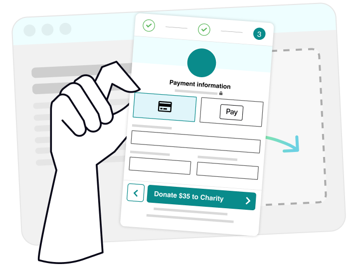 Illustration of a hand dragging a donation widget form with options for credit card and Apple Pay, featuring a green Donate $35 to Charity button and GreenPay logo.