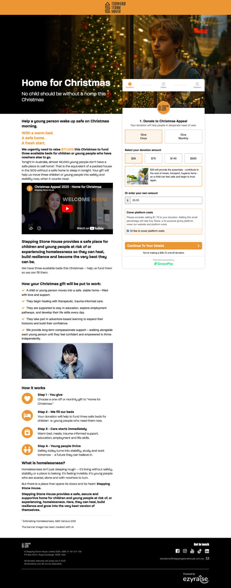 Stepping Stone House Christmas appeal web page with donation options, a young person looking out, and information on supporting homeless children.