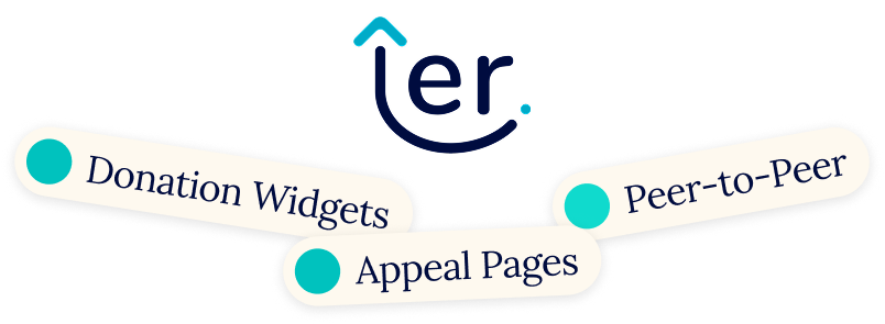 Graphic with the word 'er' and three labels connected below: Donation widgets, Peer to peer events, and Appeal pages.