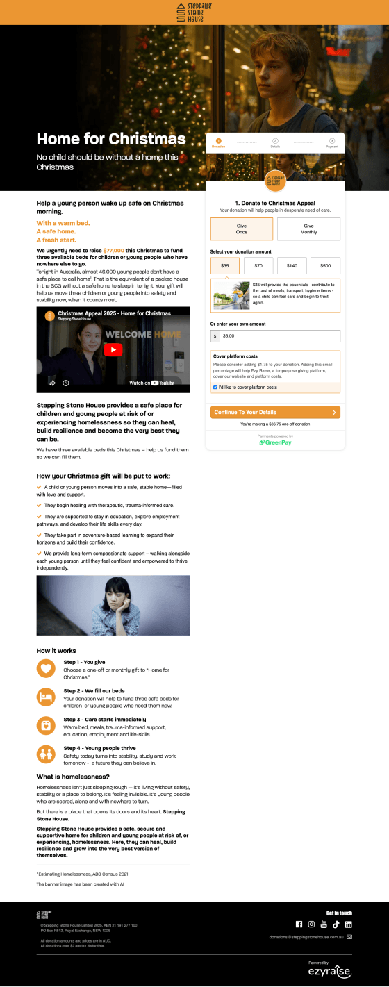 Stepping Stone House Christmas appeal web page with donation options, a young person looking out, and information on supporting homeless children.
