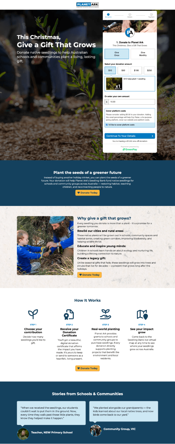 Website page showing example of an Ezy Raise appeal page