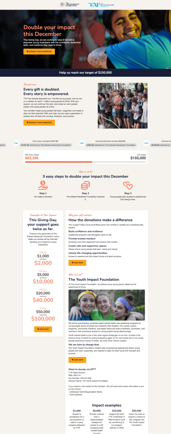 Website page showing example of an Ezy Raise appeal page