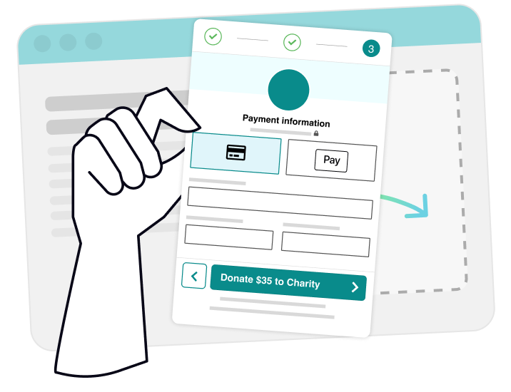 Illustration of a hand placing a donation widget form with options for credit card and Apple Pay, featuring a green Donate $35 to Charity button and GreenPay logo.