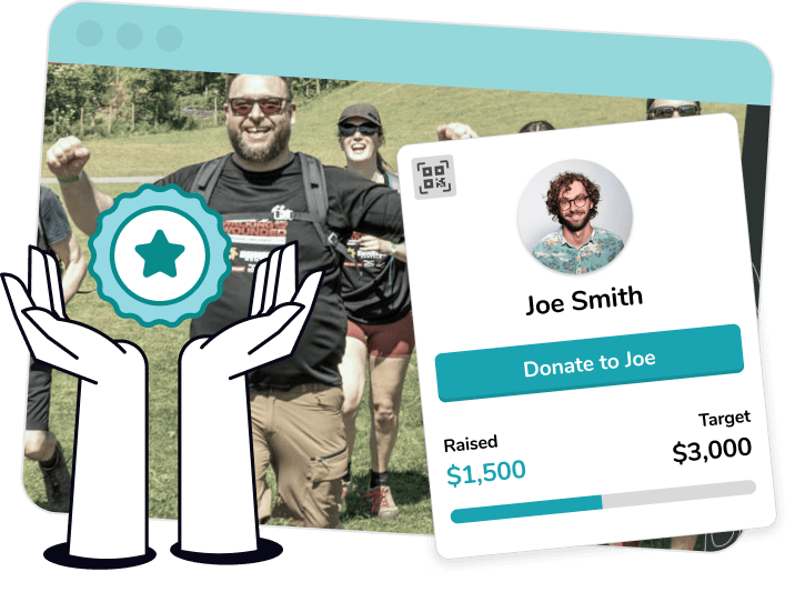 Photo of a man and woman smiling outdoors with an overlay donation card showing Joe Smith with $1,500 raised towards a $3,000 target and a donate button.