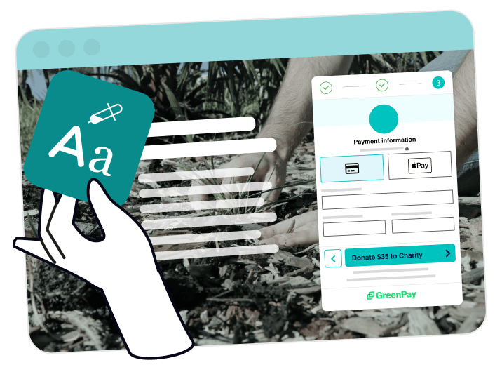 Illustration of a hand holding a text editing icon over a background of hands planting in soil, next to a payment form for donating $35 to charity using credit card or Apple Pay.