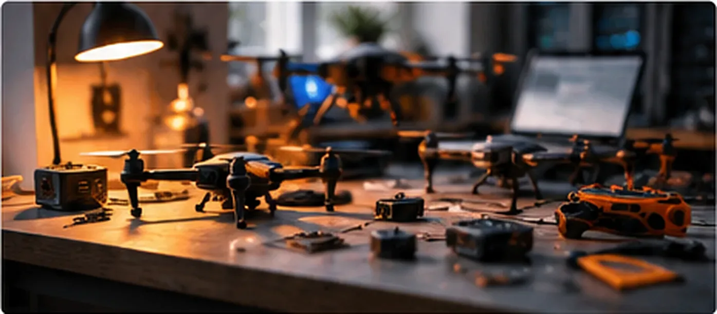 Workbench with electronics, a small drone and test equipment in the Bench to Sky workshop
