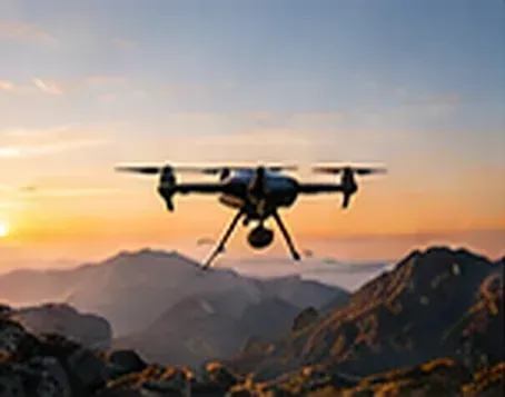 Quadcopter drone hovering at sunset