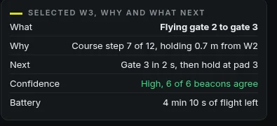 Panel explaining why a drone is doing what it is doing and what it will do next