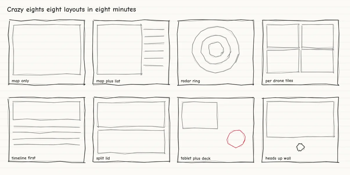 Early concept sketches, eight layouts drawn in eight minutes