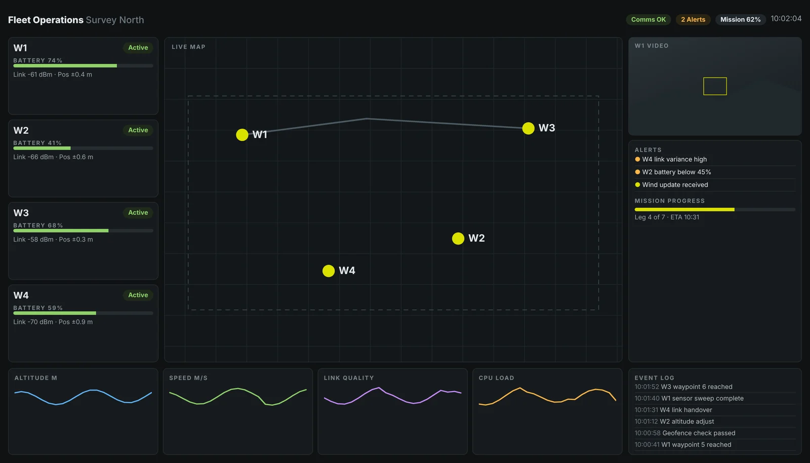 Dense operational dashboard with map, fleet cards, charts and event log