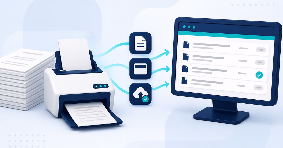 Illustration of papers being scanned and organized into ElderSuite document records