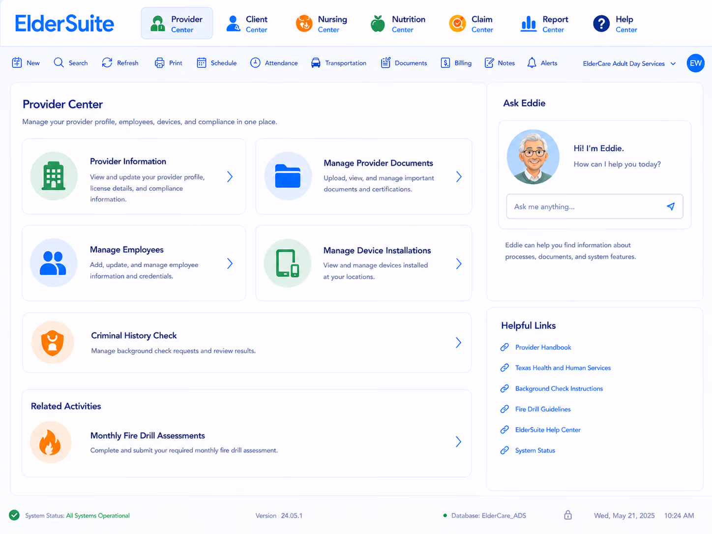 ElderSuite Provider Center for managing adult day care provider information and settings