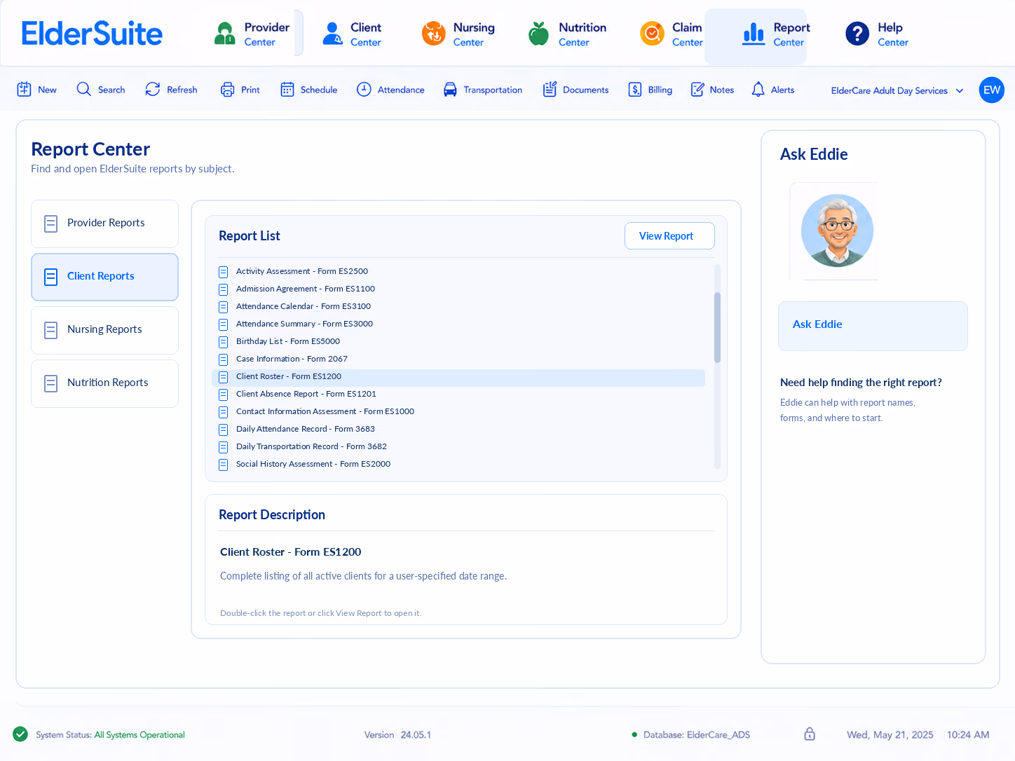 ElderSuite Report Center for adult day care reports and operational records
