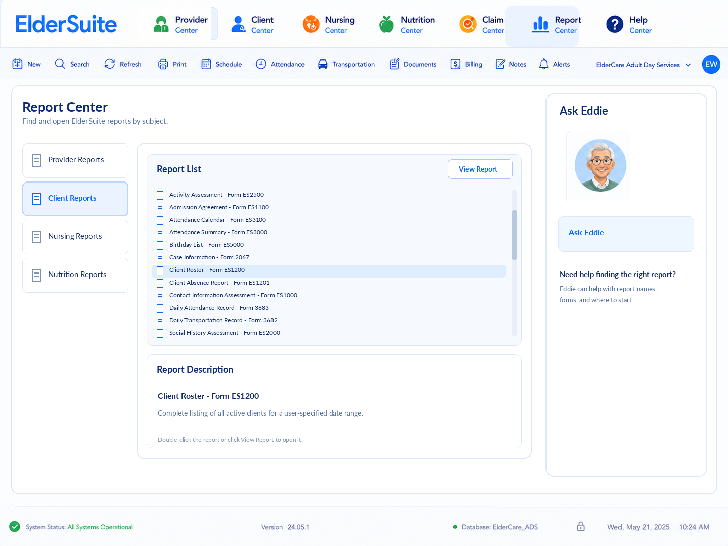 ElderSuite Report Center for adult day care reports and operational records