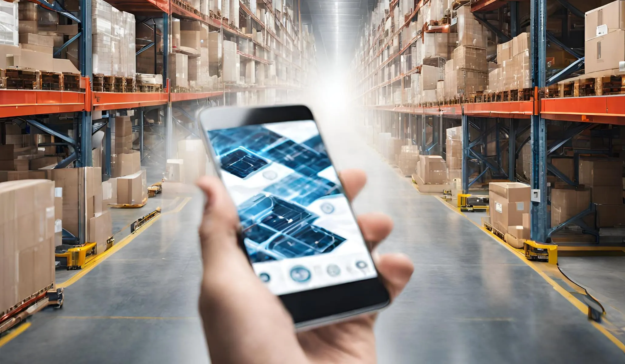 A phone in a warehouse full of carboard