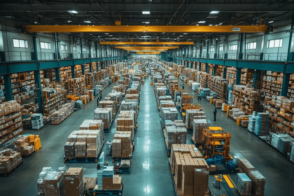 A really warehouse full of parcels, illustrating really complex logistics flows and a blurred visibility
