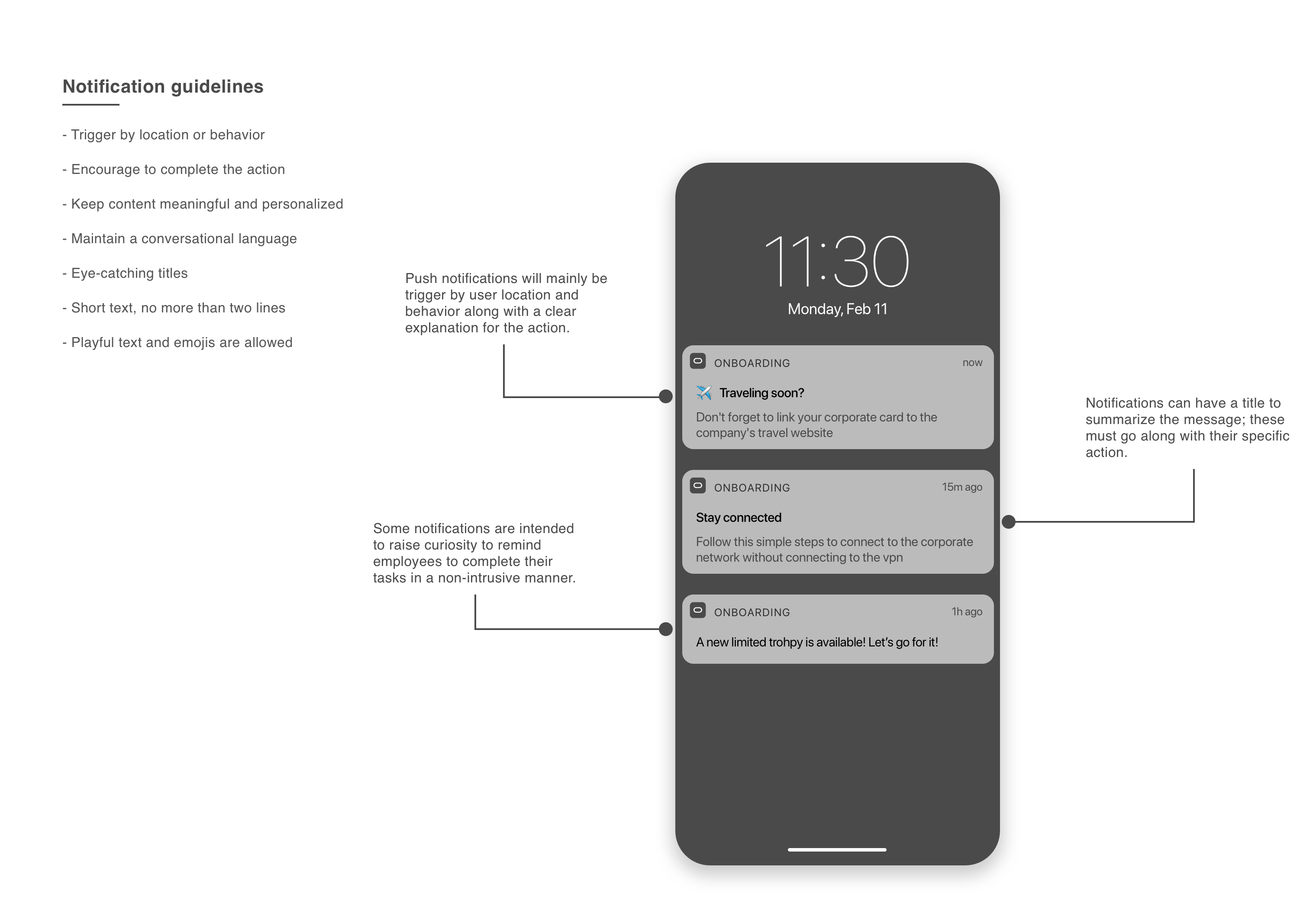 Proposal for onboarding notifications with description and guidelines for each action