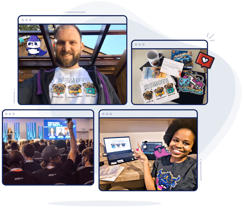 Images of developers in the community who are wearing or have received OfferZen swag.