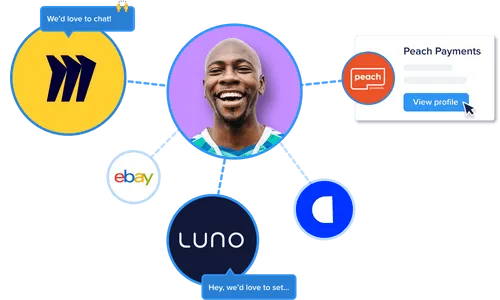Image of candidate with many company logos floating around them with interest to hire or have a conversation