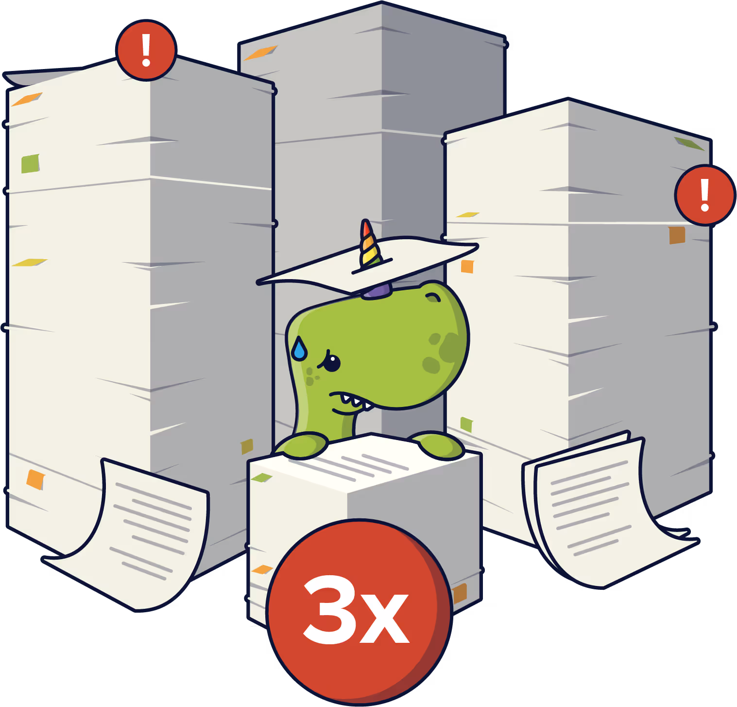 Dinocorn under lots of paperwork, looking stressed