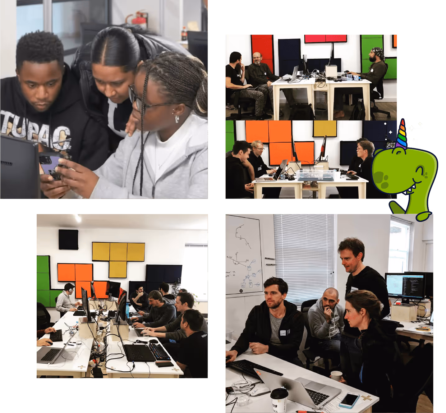 Photos of previous hackathon attendees hacking together
