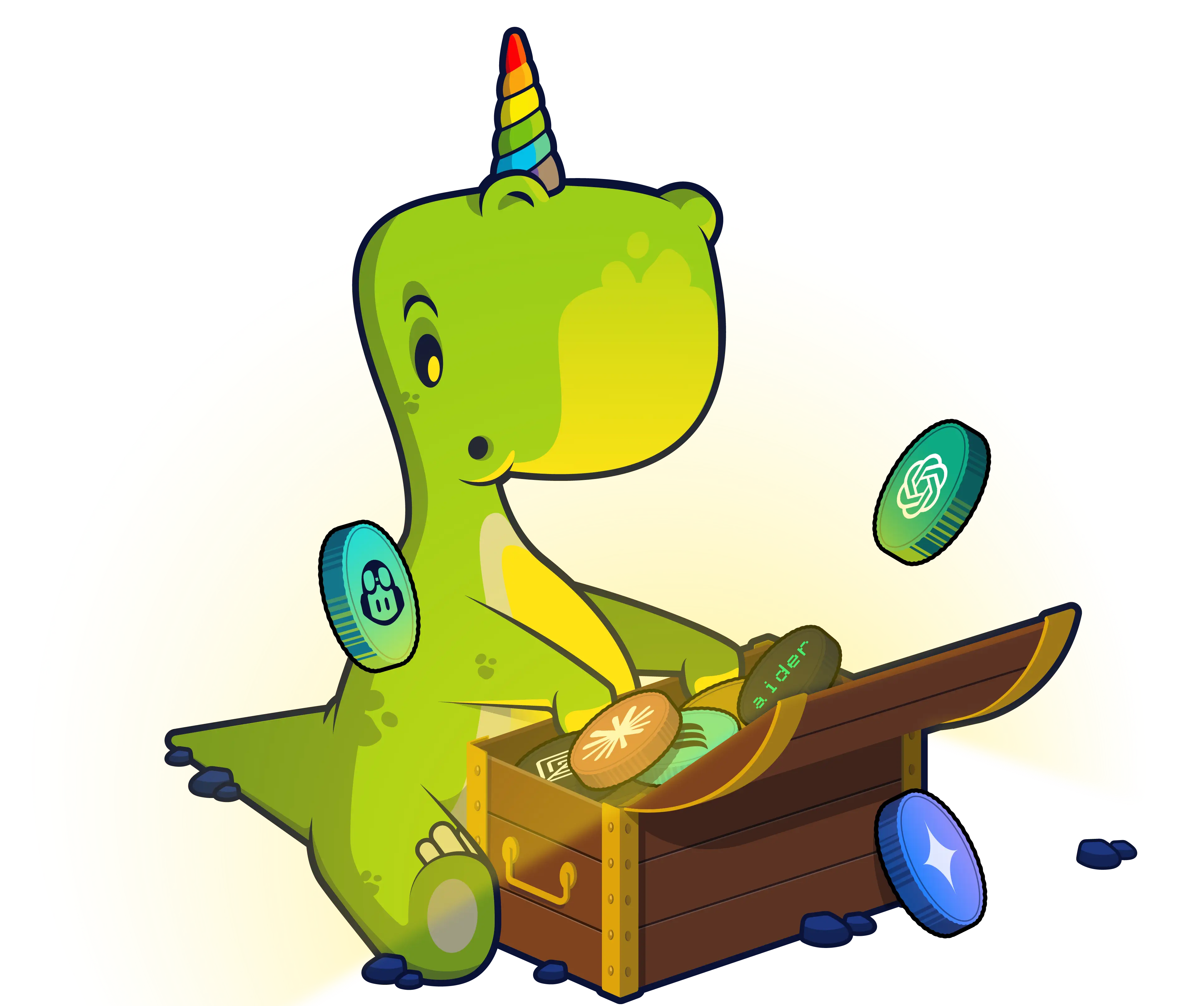 Green dinosaur with a rainbow unicorn horn sitting beside an open treasure chest spilling colorful digital coins.