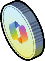 3D rendered coin with a colorful infinity loop symbol on its face, viewed at an angle.