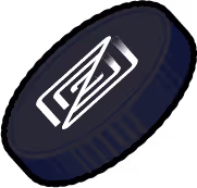 Black circular object with a white stylized lightning bolt symbol in the center.