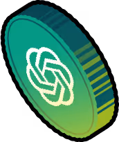 3D green and blue coin featuring the OpenAI logo on its surface.