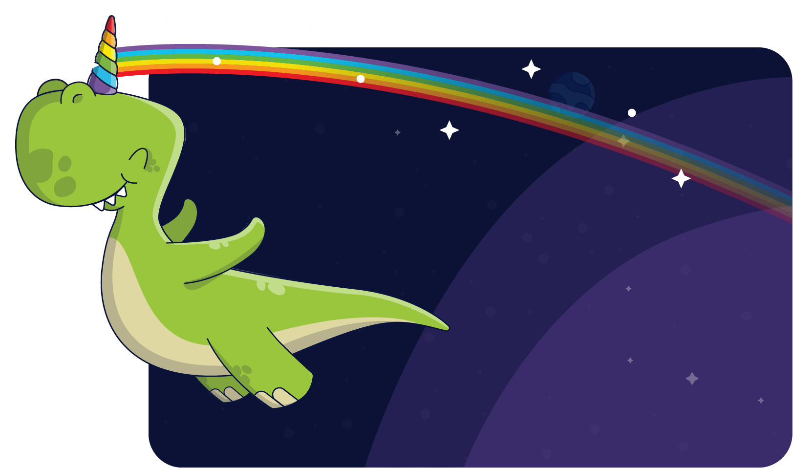 Smiling green dinosaur with a rainbow unicorn horn flying in space with stars and planets in the background.