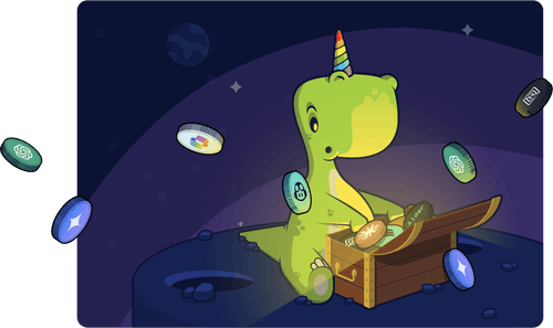 Dinocorn opening a chest of tech goodies