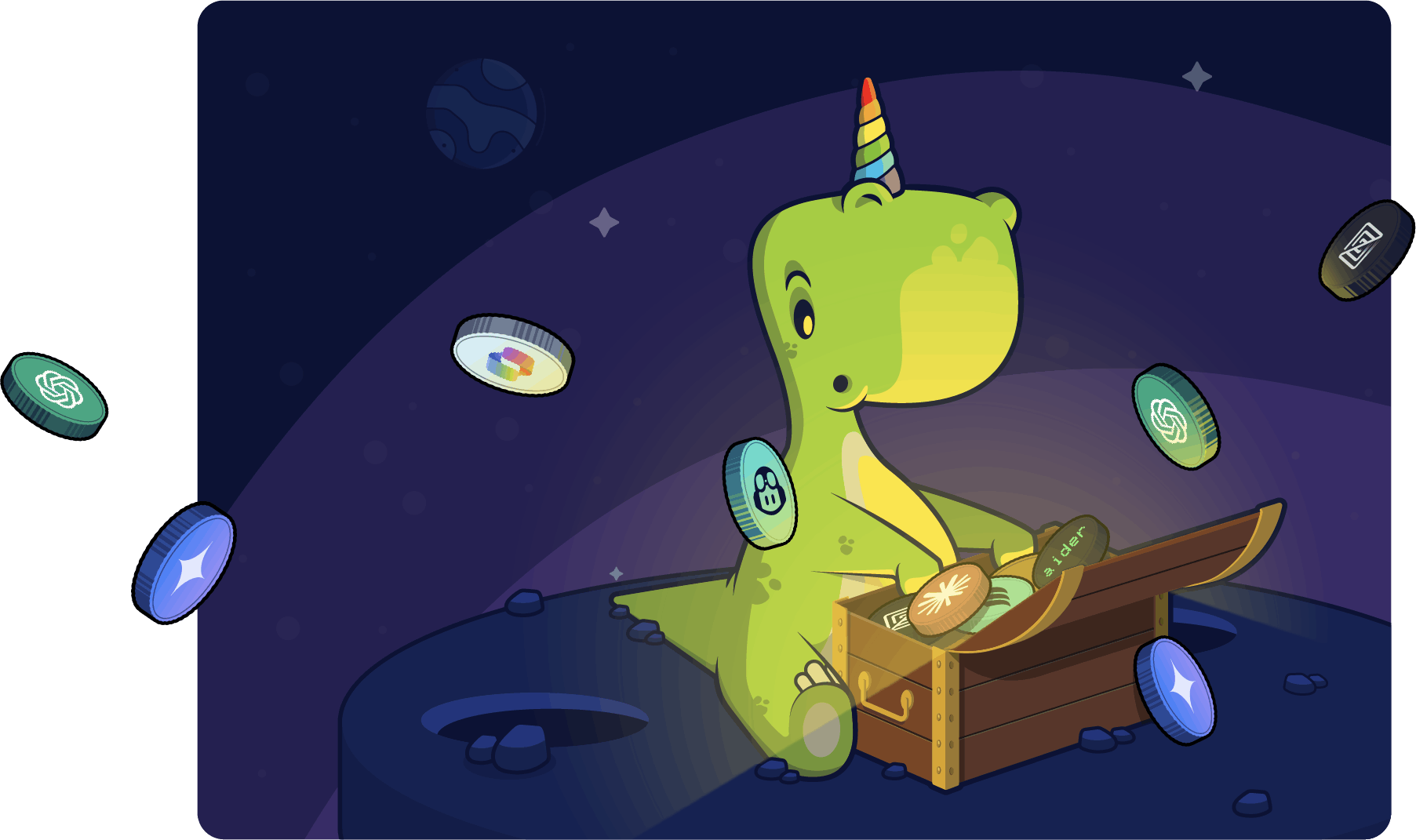 Dinocorn opening a chest of tech goodies