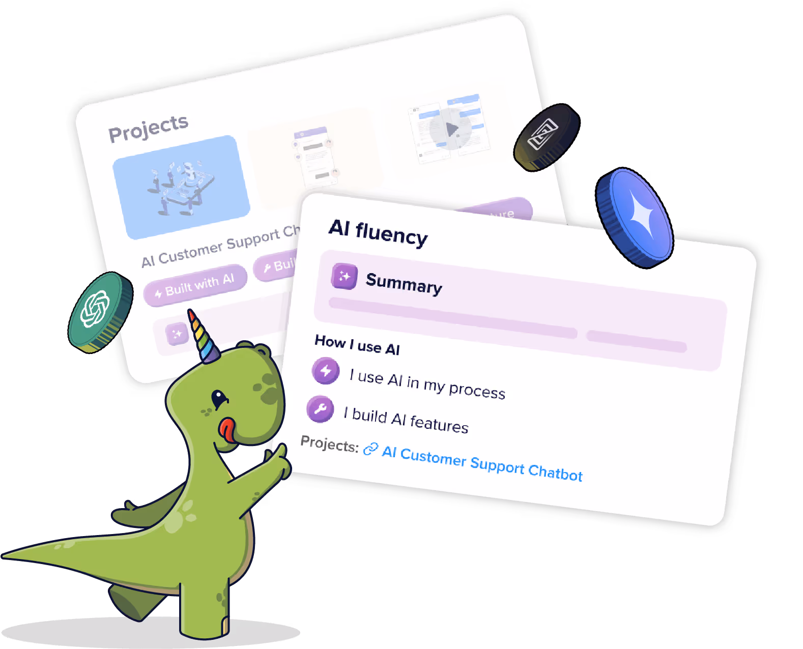 Dinocorn pointing at AI fluency cards
