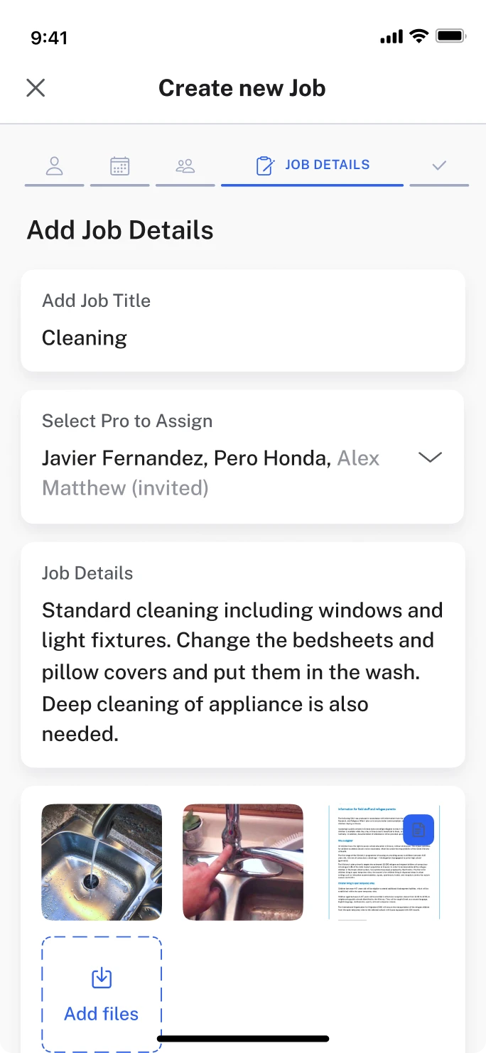 Mobile UI screens showing the ‘Create new job’ flow for a. real estate SaaS app