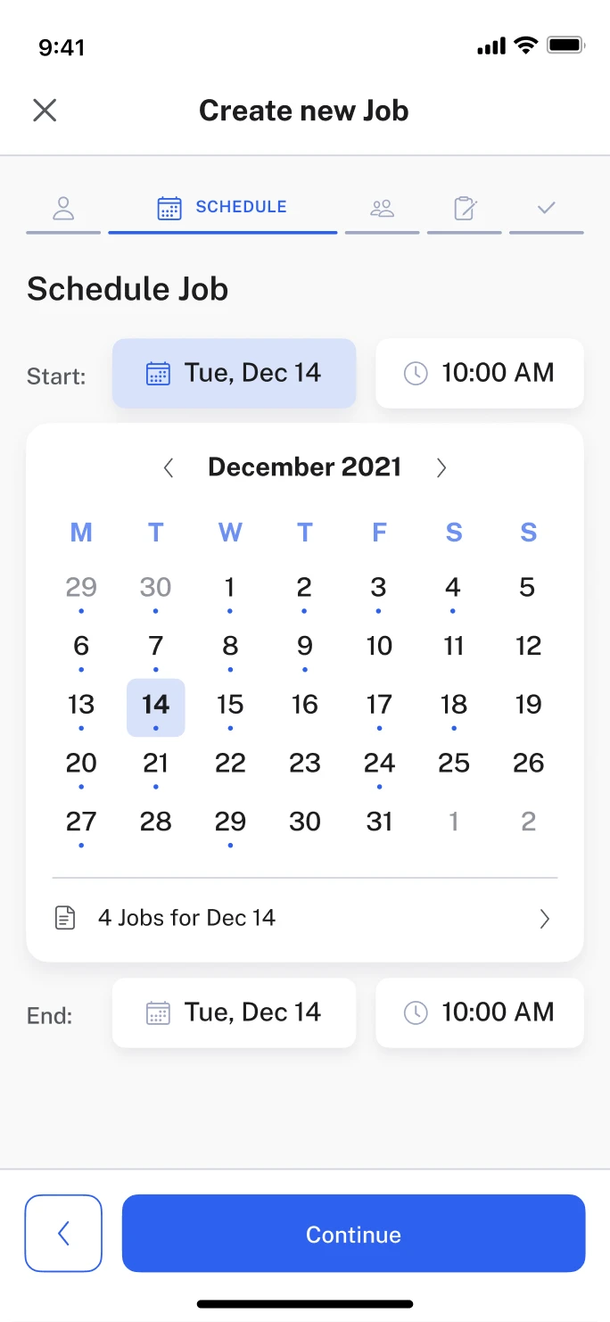 Mobile UI screens showing the ‘Create new job’ flow for a. real estate SaaS app