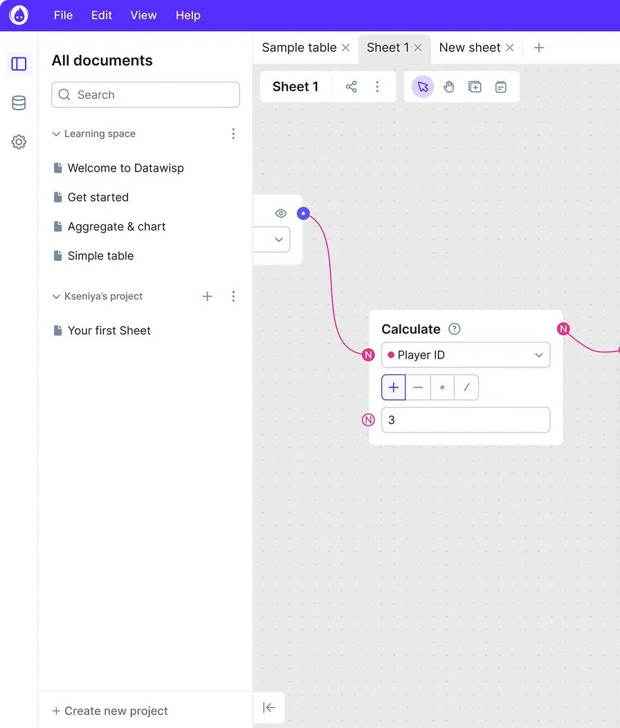 User interface of a data analysis app showing a navigation panel with project folders and an open calculation module labeled 'Calculate' set to Player ID with an addition operation and value 3.