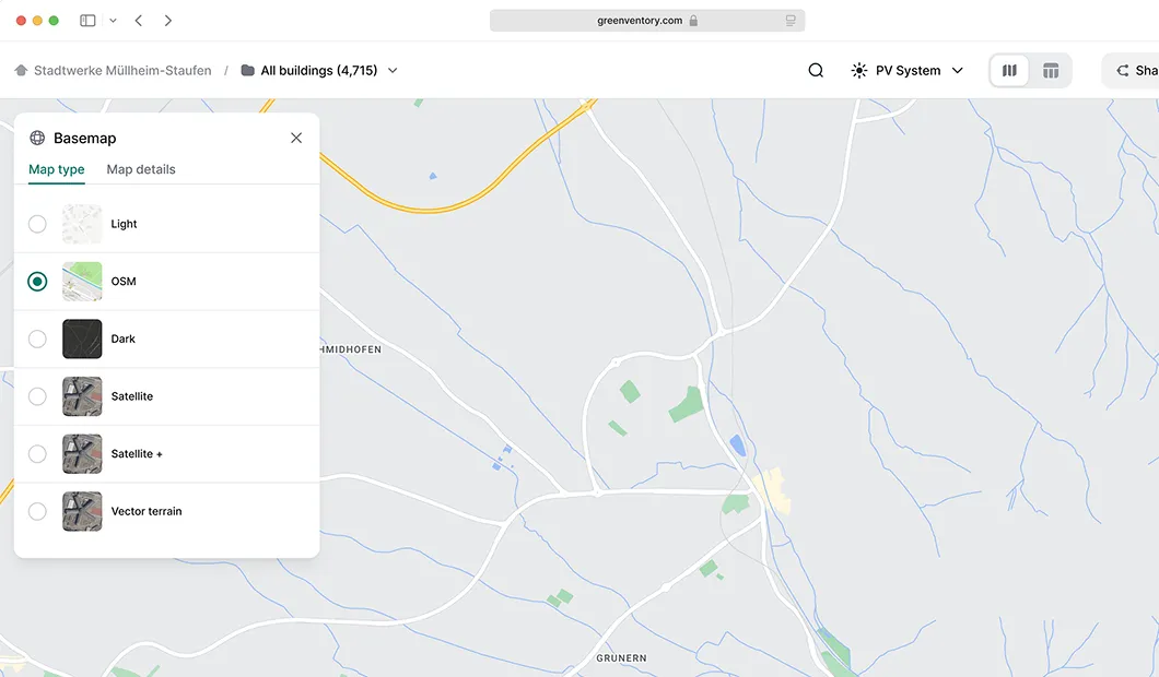 Map interface displaying a Basemap settings menu with options Light, OSM, Dark, Satellite, Satellite +, and Vector terrain, showing a zoomed-in map view with roads and green areas.