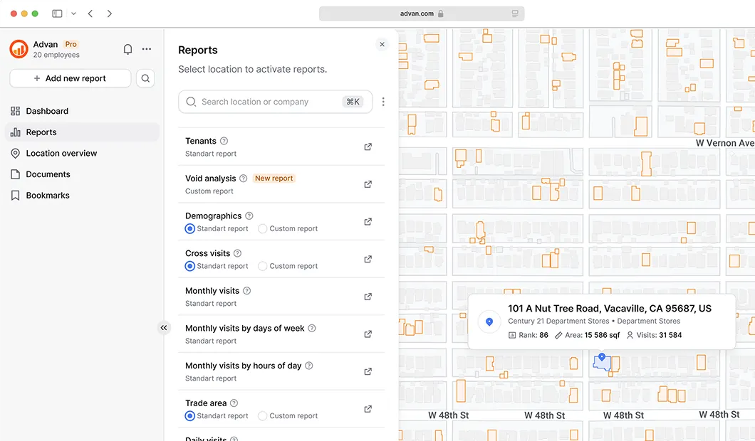 Screenshot of a report generation interface with a left sidebar menu and a central report options panel next to a map highlighting a location at 101 A Nut Tree Road, Vacaville, CA.