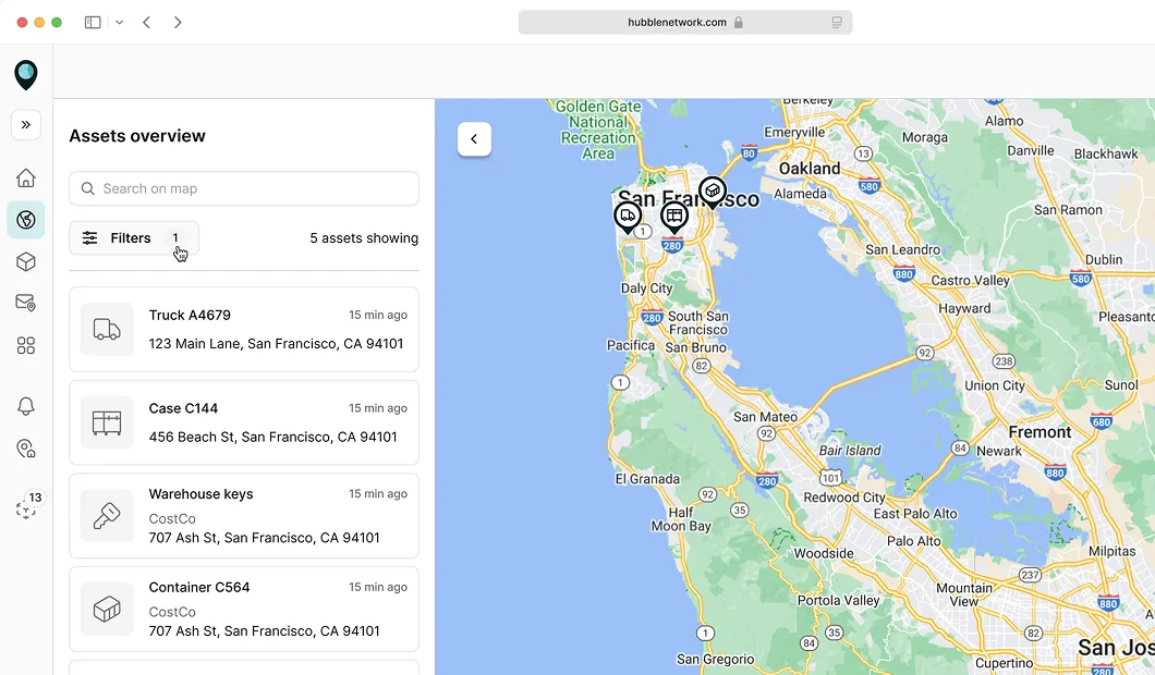Web interface showing an asset overview with a list of assets and their locations on a map centered on San Francisco, California.