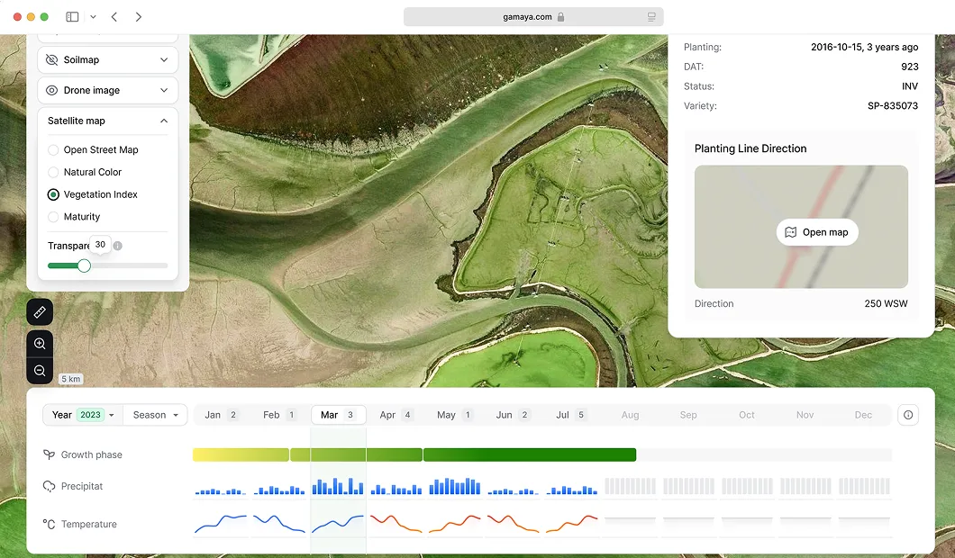 Satellite map showing vegetation index of agricultural land with plant growth phase, precipitation, and temperature data for early 2023.
