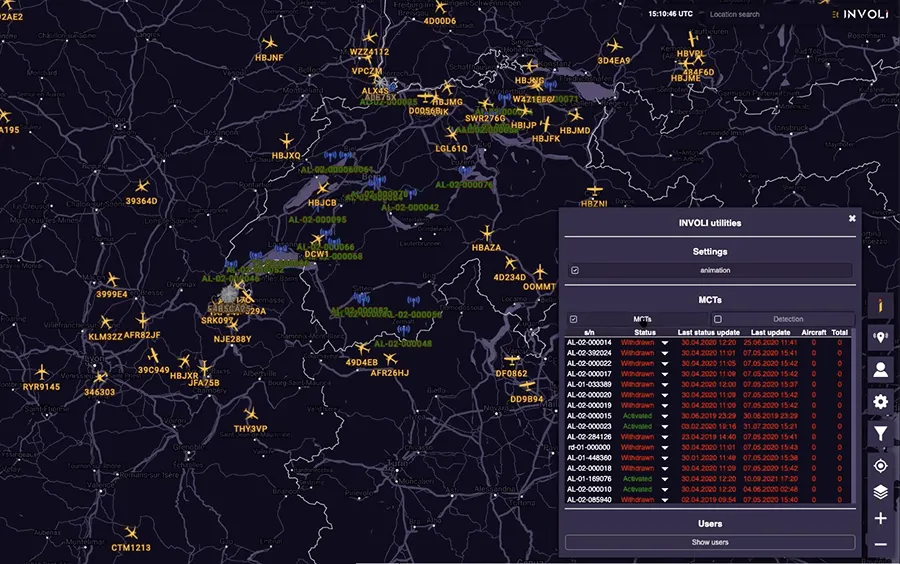 Digital map showing flight paths and aircraft icons over central Europe with a sidebar listing status and updates of multiple MCTs in the INVOL Utilities interface.