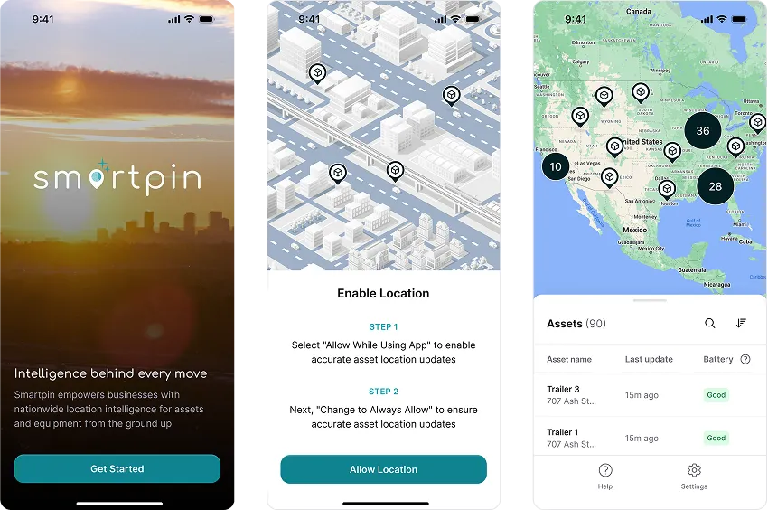 Three smartphone screens showing Smartpin app: welcome screen with logo and tagline, location permission request with map and instructions, asset tracking map view with asset list and status.