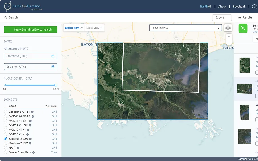 Satellite map interface showing a mosaic view of a coastal area with options for selecting datasets and cloud cover on the left panel.