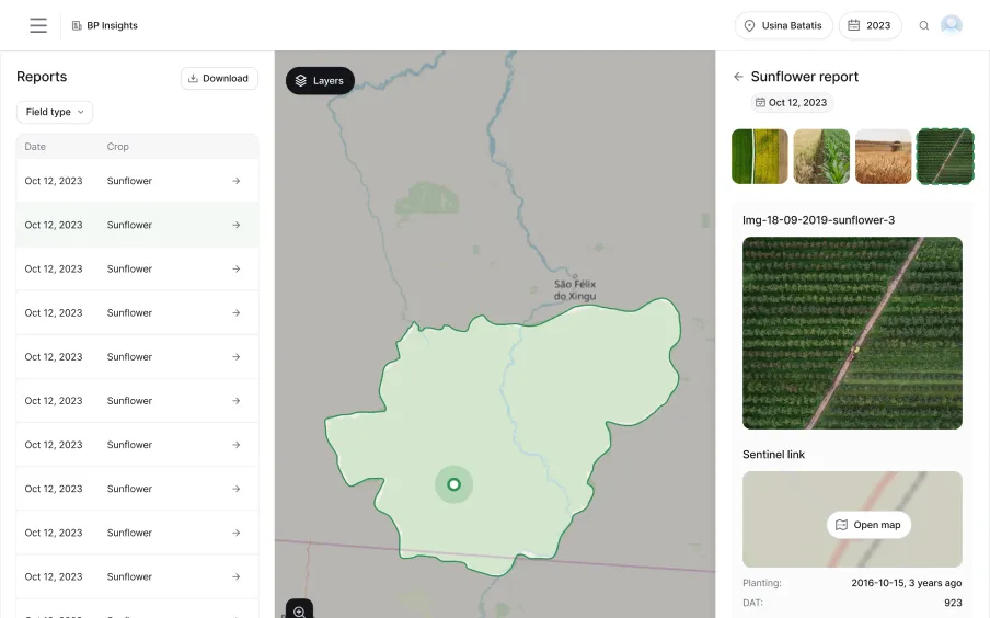 Dashboard screen showing a sunflower crop report for Oct 12, 2023, with a highlighted farm area on a map and aerial images of sunflower fields.